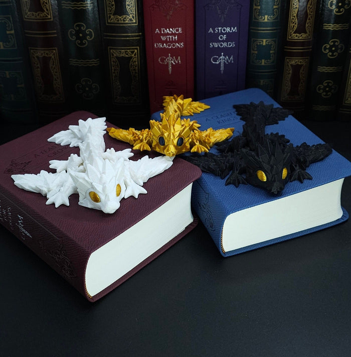3D Printed Dragon Fidget Toy Set – Black Gold White Articulated Bookshelf Decor Gift
