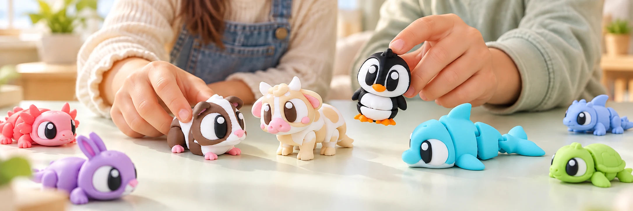 Hands playing with colorful Whirlkin guinea pig, penguin, cow and dolphin minis