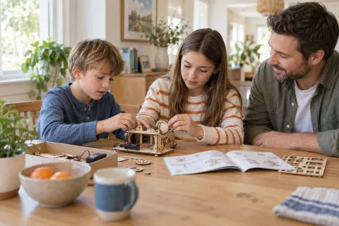 Family building a wooden STEM project together at home